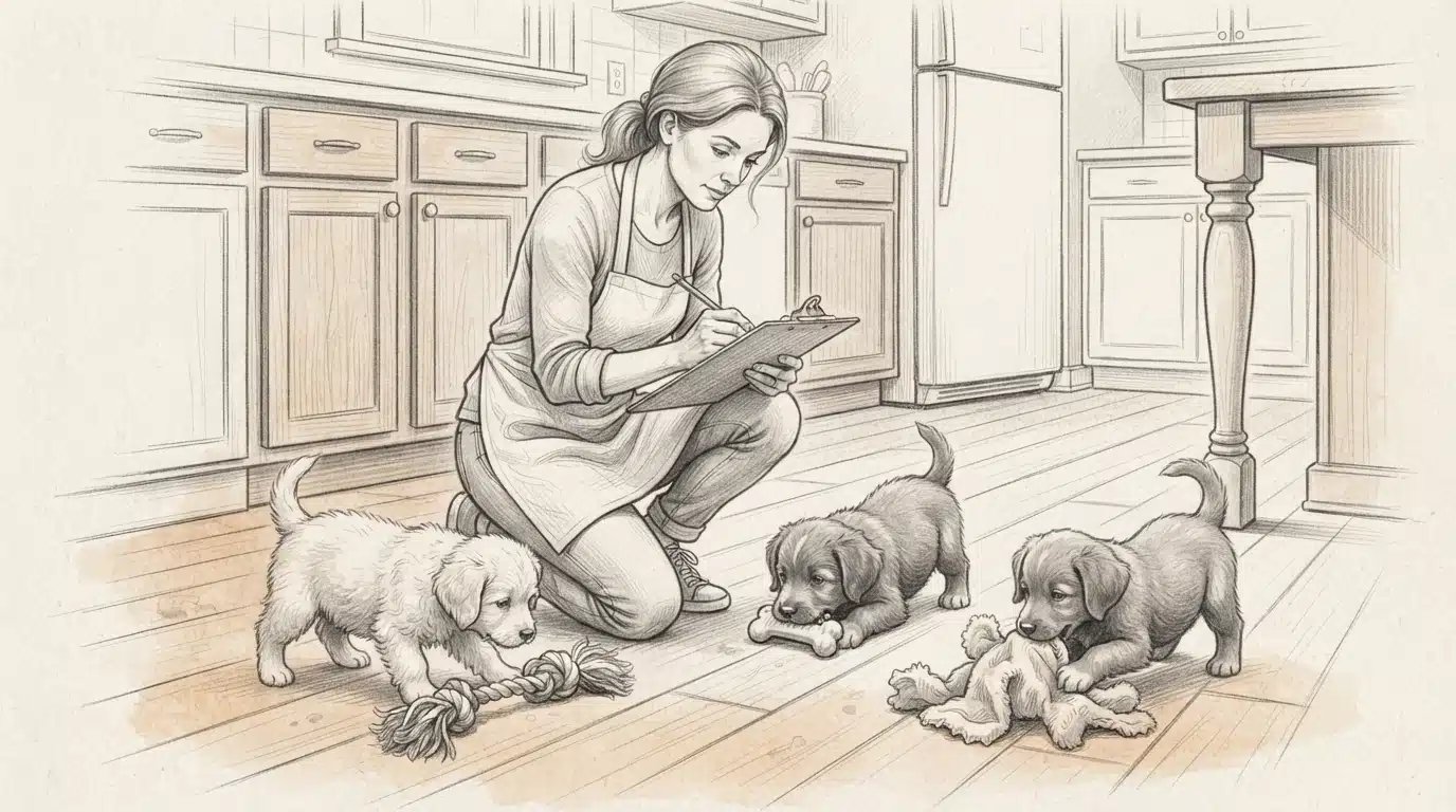 Breeder observing puppies at play
