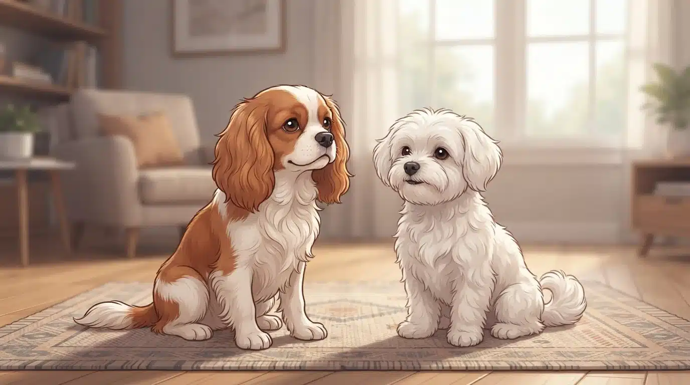 Cavalier and Maltese on living room rug