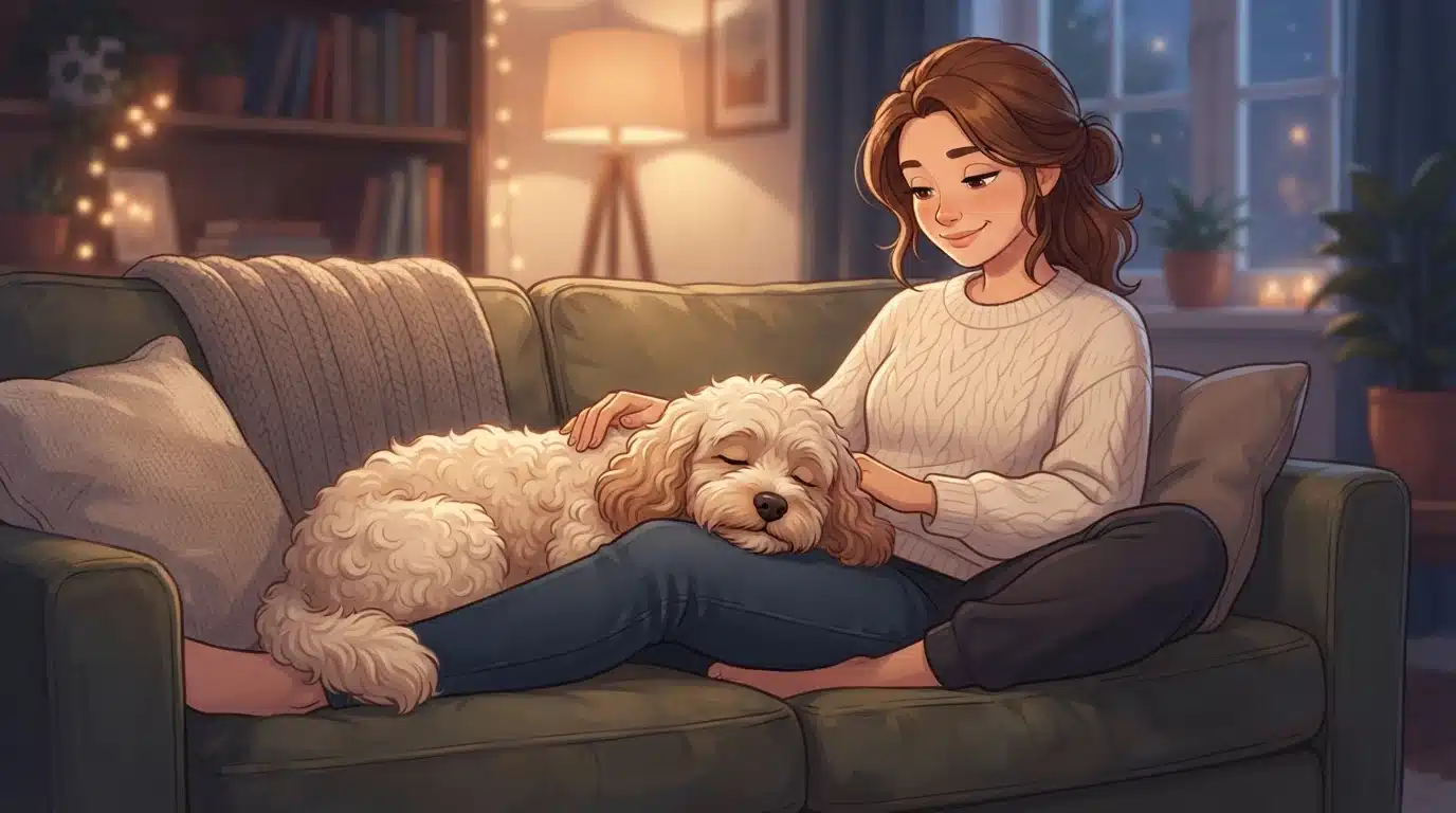 Cream Cavapoo resting head on a lap