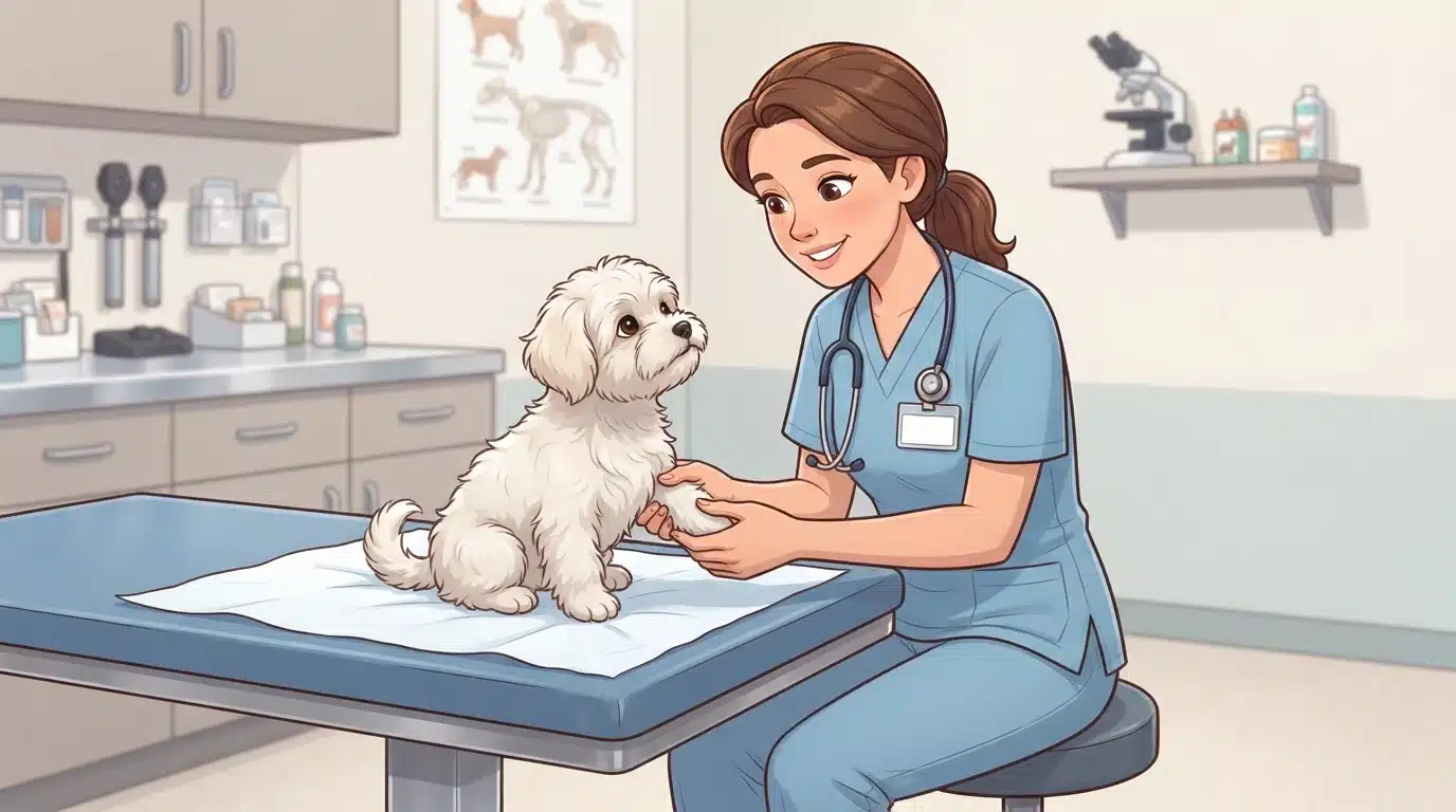 Veterinarian examining a fluffy puppy's knees