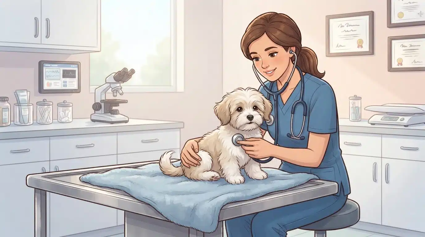 Veterinarian examining a Havanese dog's knees and heart