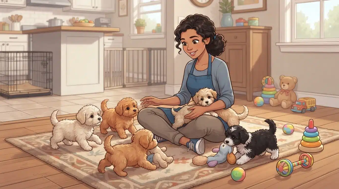 Breeder socializing fluffy puppies on kitchen floor