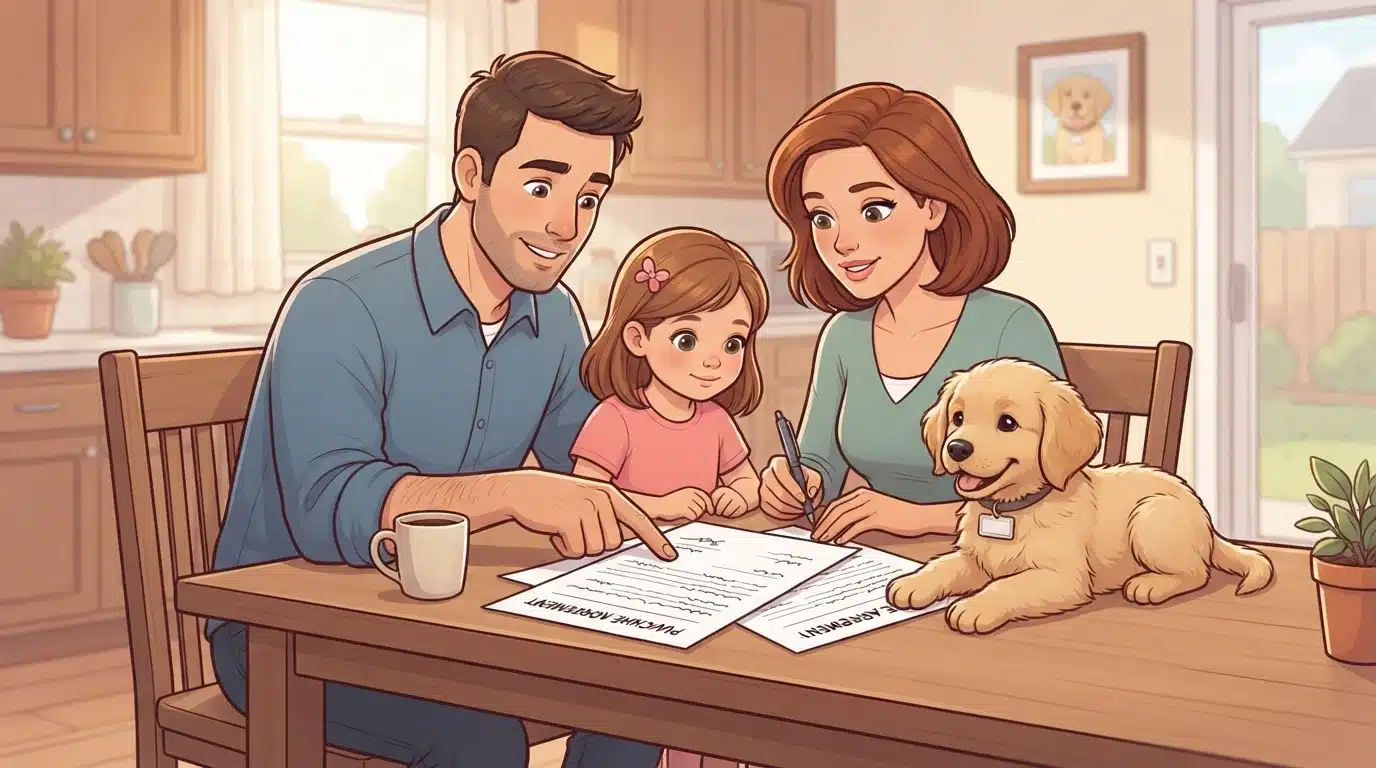 Family reviewing puppy purchase agreement at kitchen table