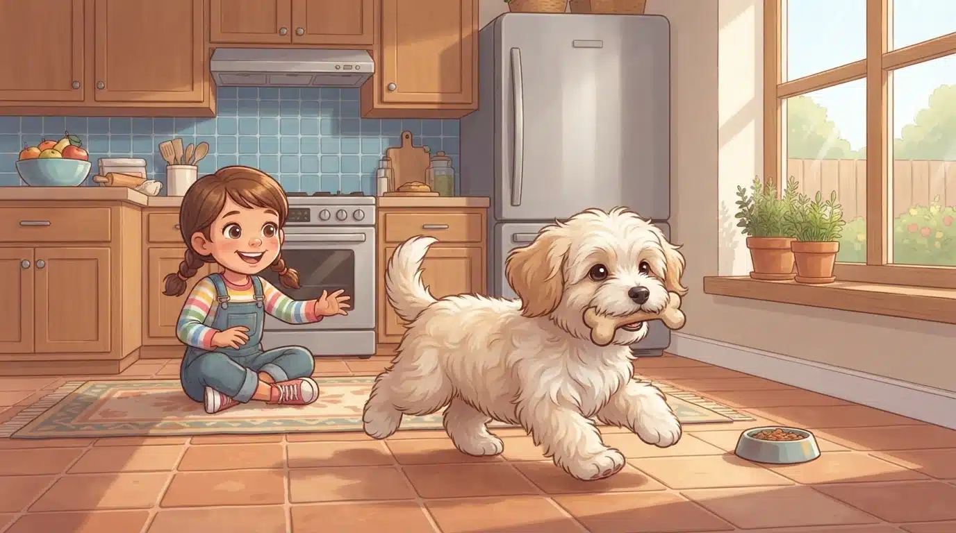 Fluffy Havanese puppy trotting in sunlit kitchen