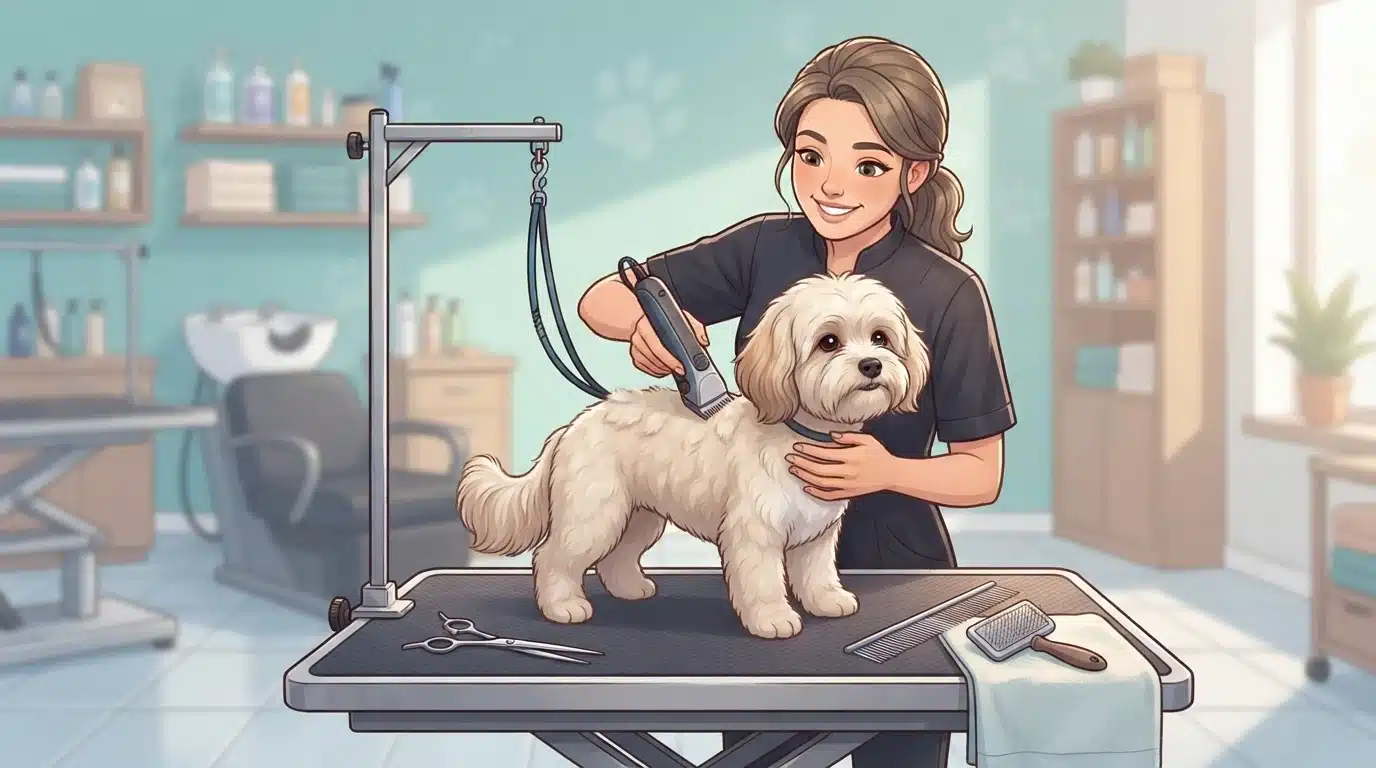 Groomer trimming a Havanese on a table