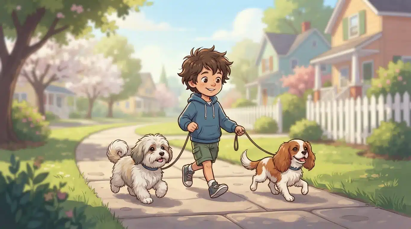 Two dogs and a child on a sidewalk walk