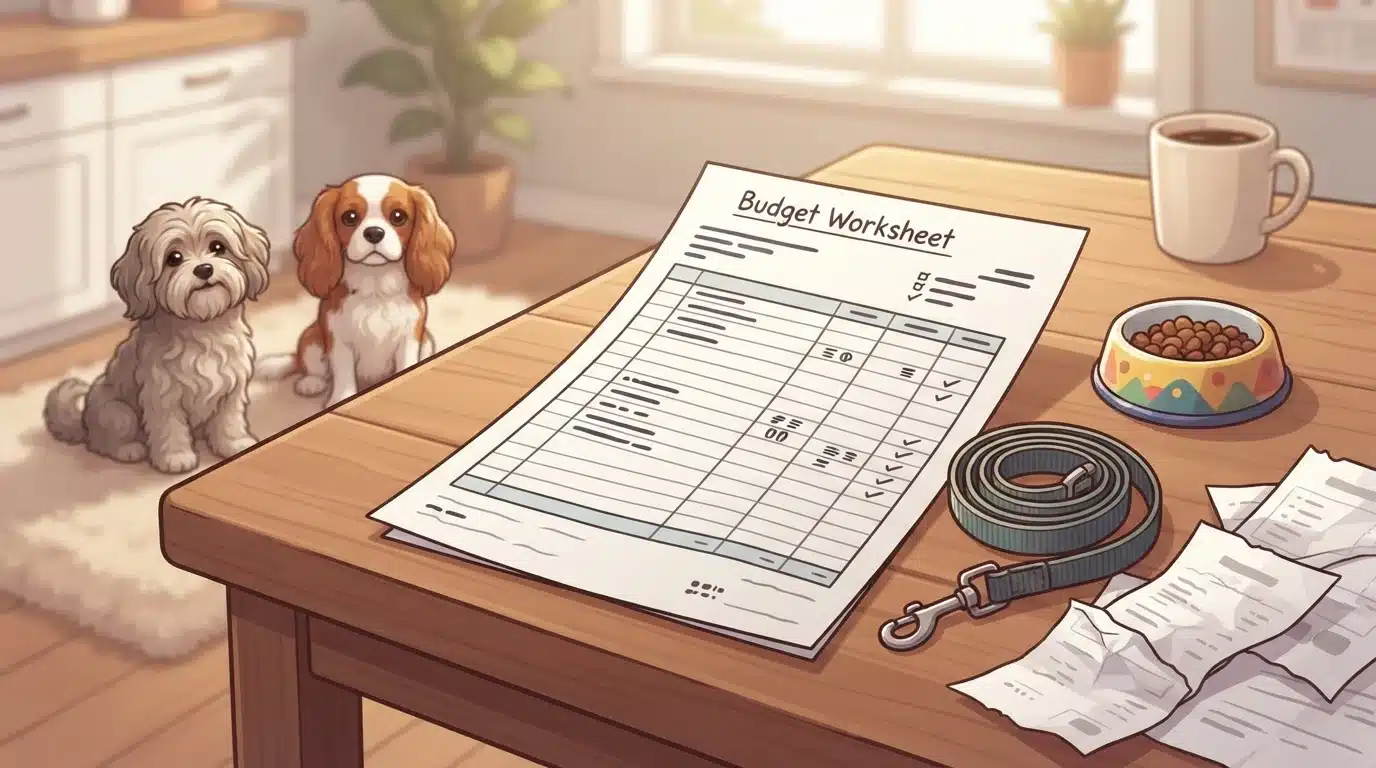 Budget worksheet with dog supplies on table