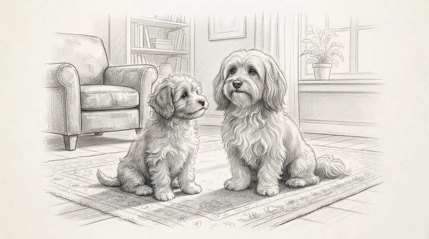 Havapoo puppy beside its Havanese mother