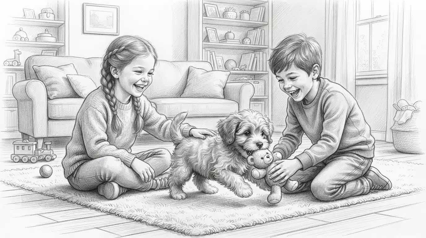 Havapoo puppy playing with children on carpet