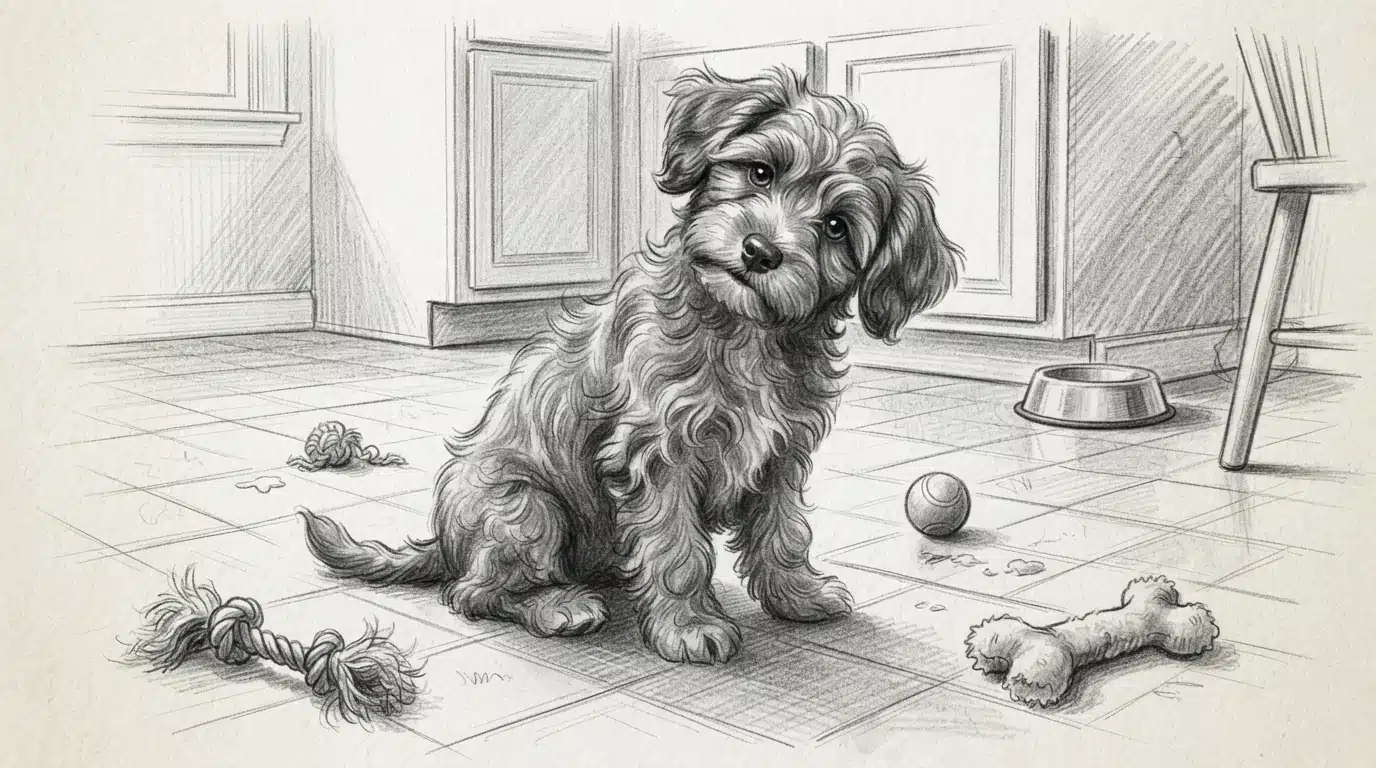 Havapoo puppy tilting its head on a kitchen floor