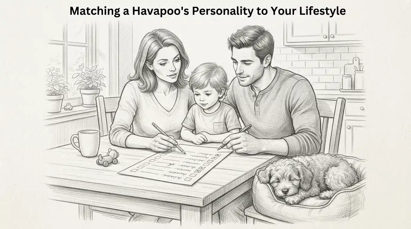 Family reviewing checklist with Havapoo nearby