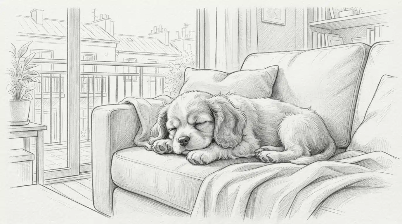 Fluffy puppy resting calmly on couch by window