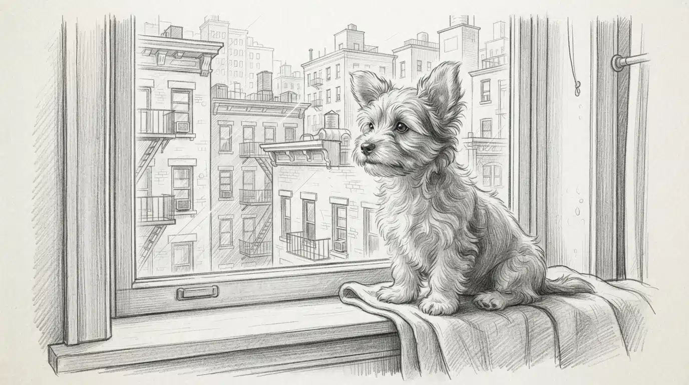 Small Havanese puppy alert at window