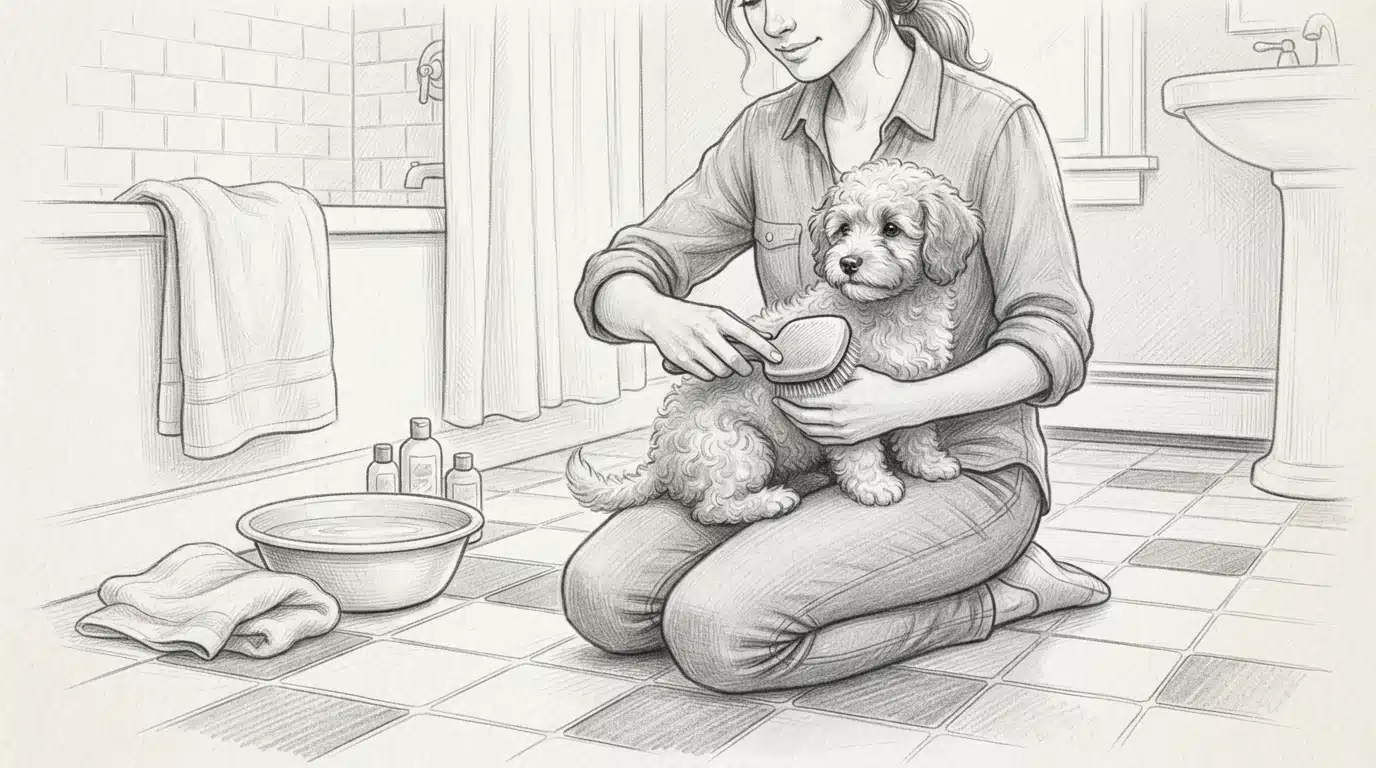 Gentle puppy brushing session on tiled floor