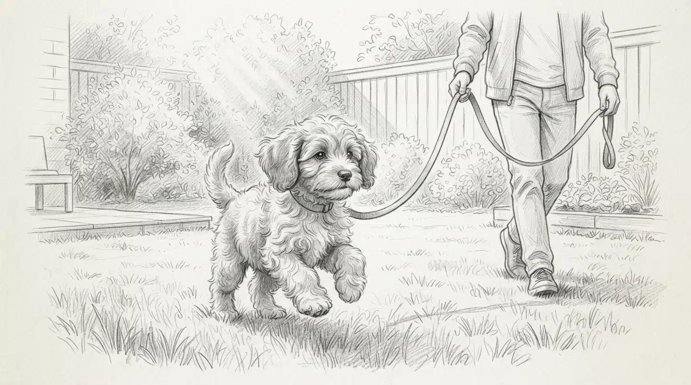 Cavapoo puppy trotting beside owner