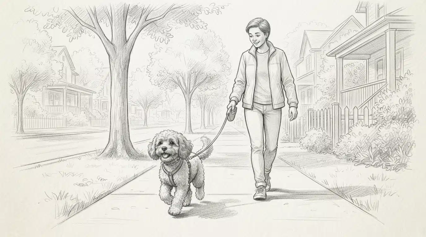 Adolescent Cavapoo trotting beside owner on sidewalk