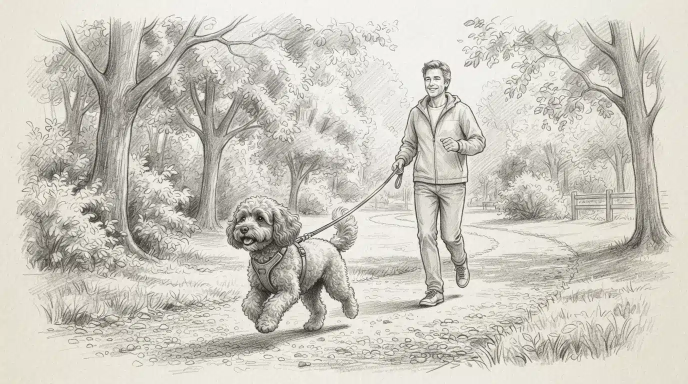 Adult Cavapoo jogging with owner on park trail