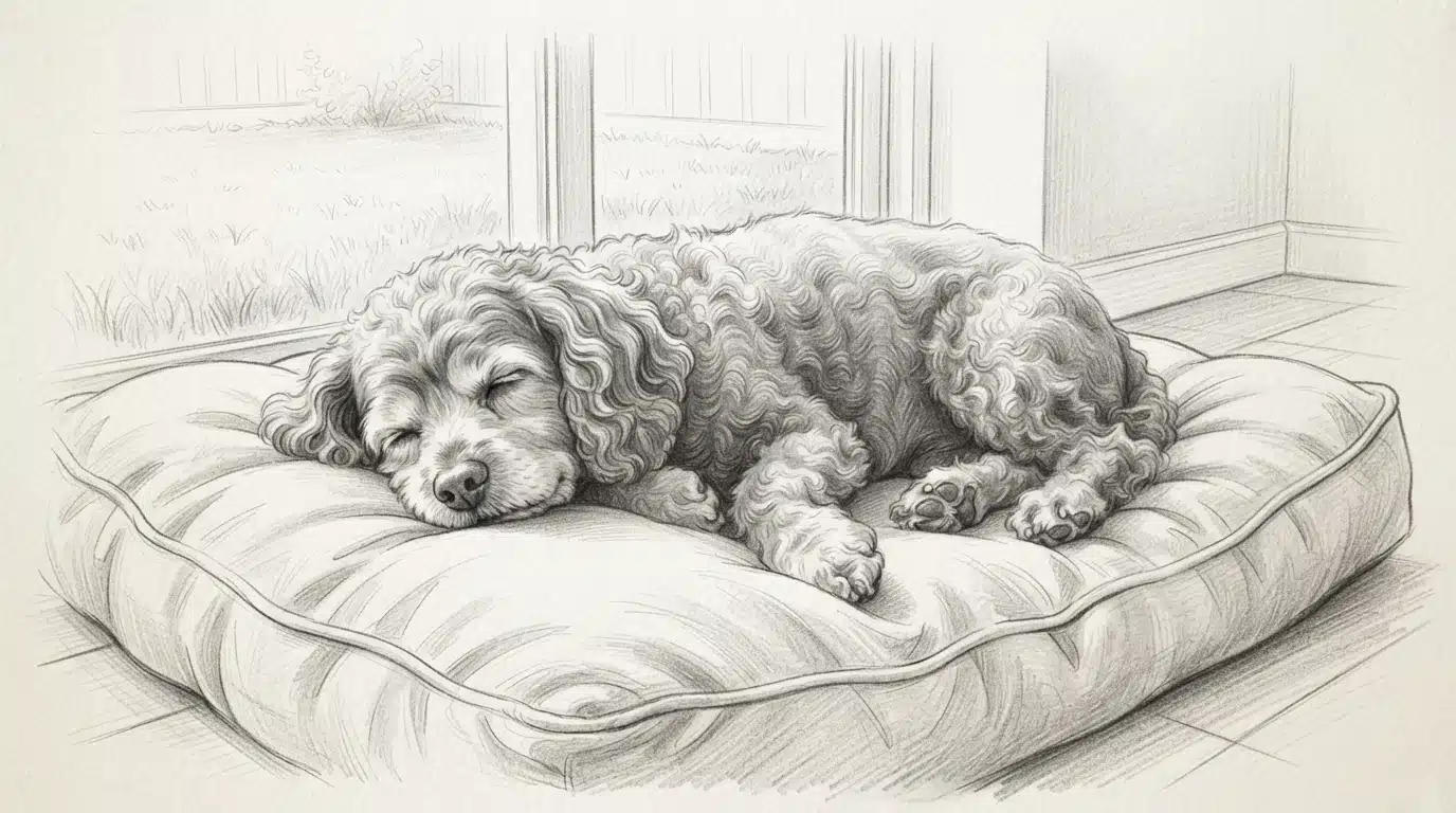 Senior Cavapoo resting after a gentle grassy walk