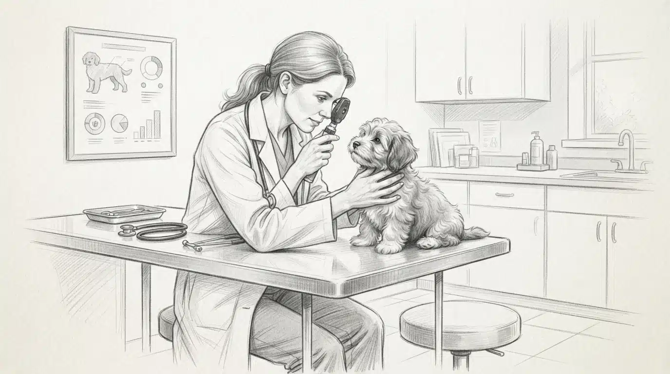 Vet examines a small puppy