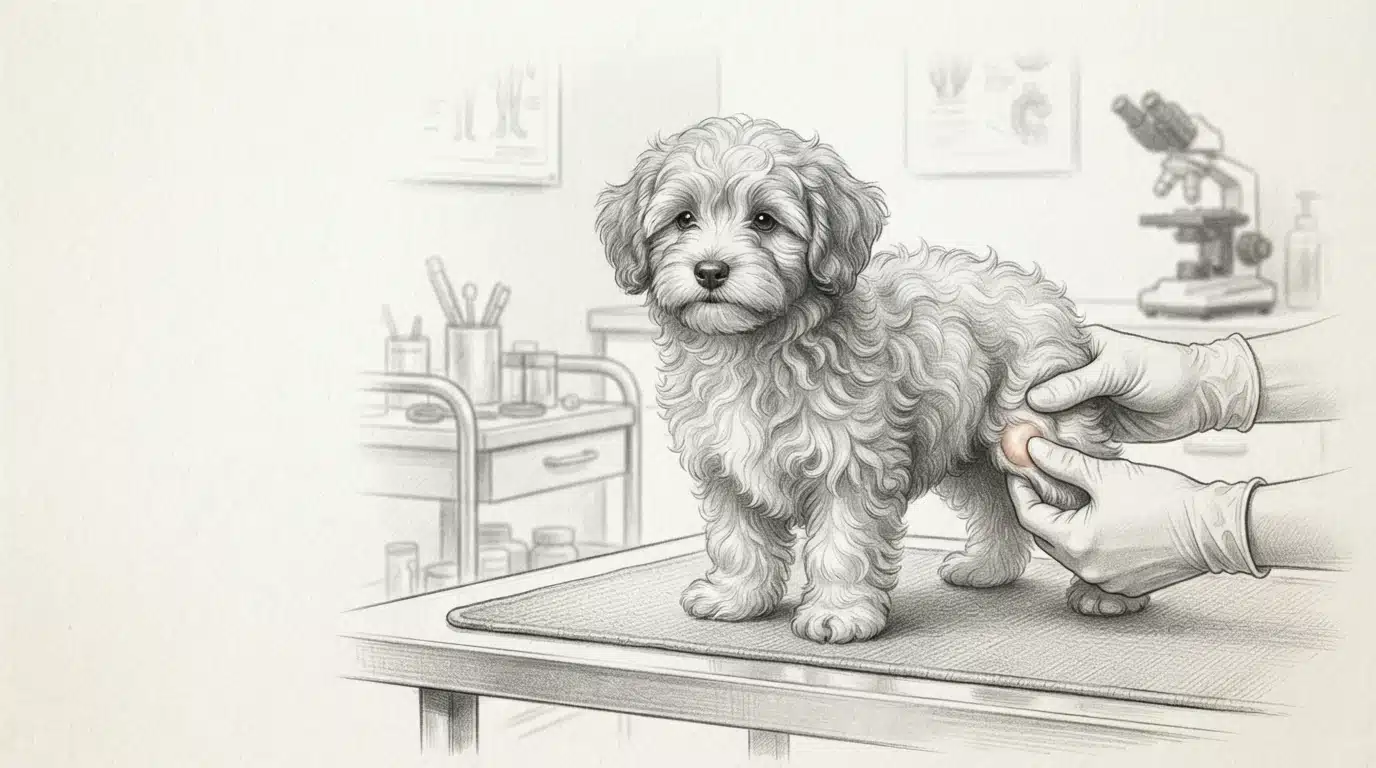 Vet examines fluffy Havanese knee joint