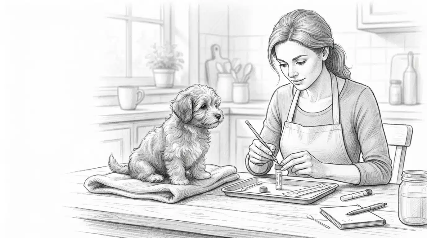 Breeder labeling DNA swab kit beside Havanese puppy