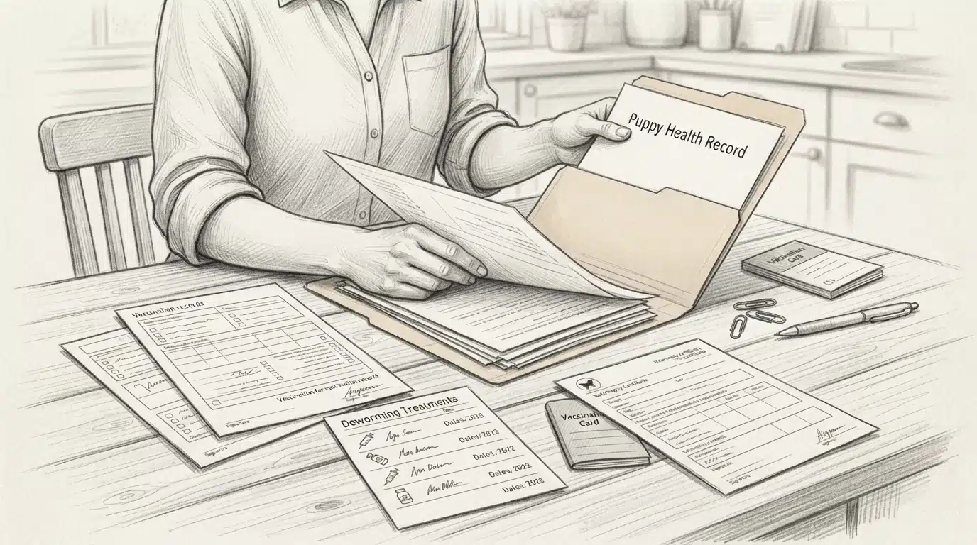 Person organizing puppy health records on table