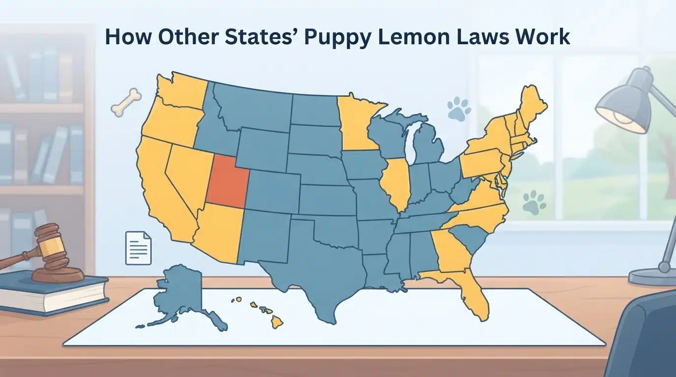 Cartoon US map highlighting puppy lemon law states
