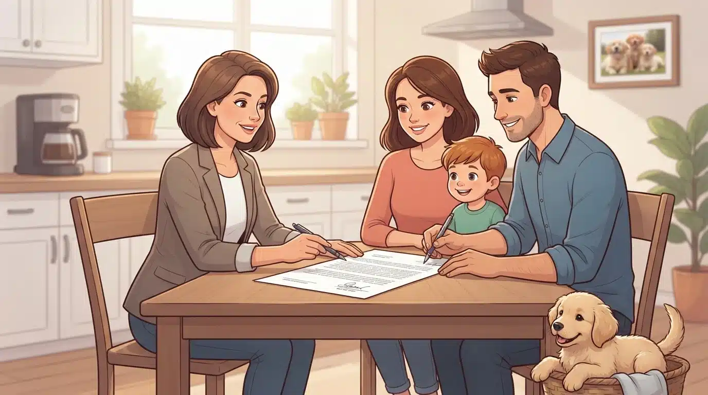 Breeder and family reviewing puppy contract at a table