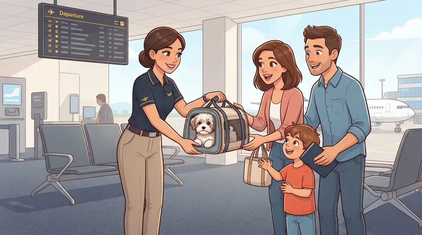 Flight nanny hands a puppy carrier to a family
