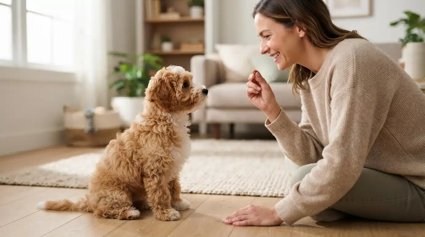Havapoo puppy making eye contact during training