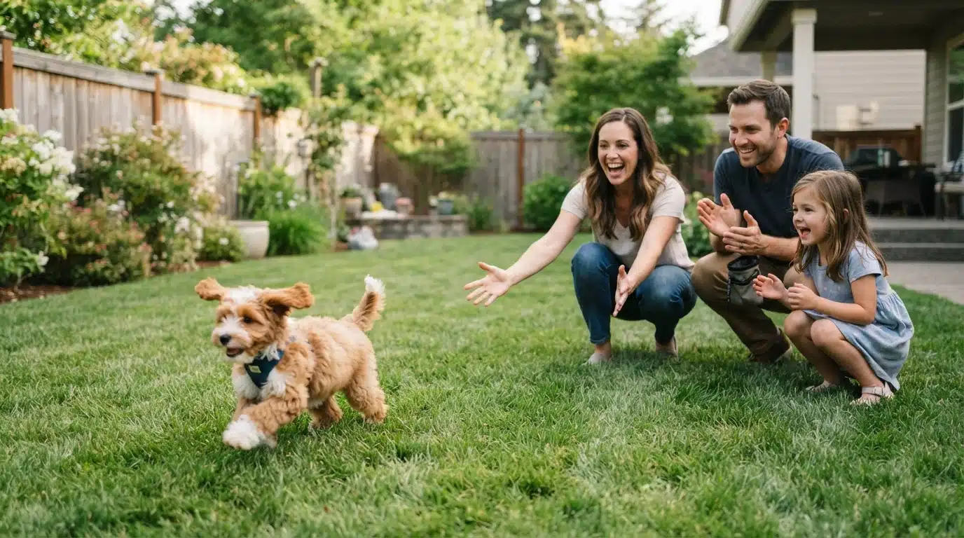 Family practicing recall training with fluffy puppy in backyard