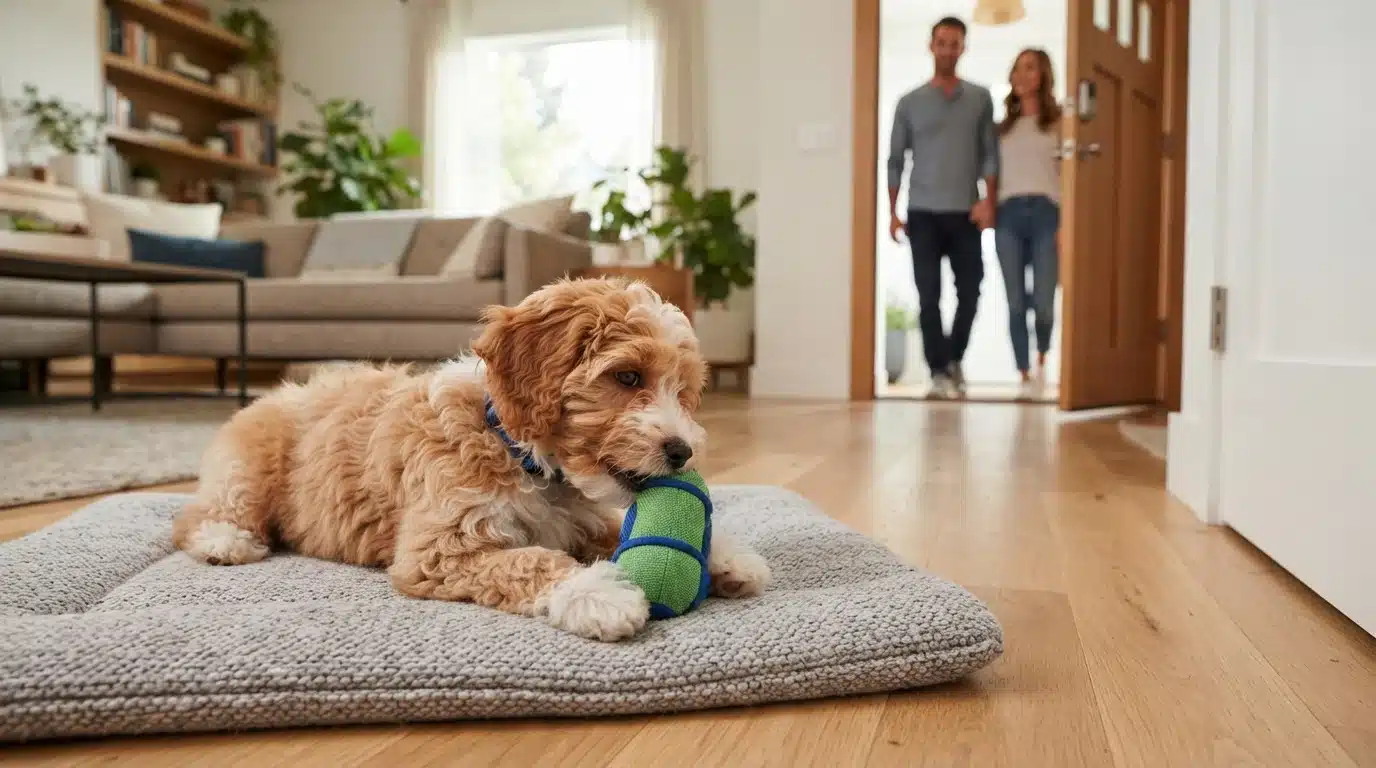 Havapoo puppy resting calmly on mat