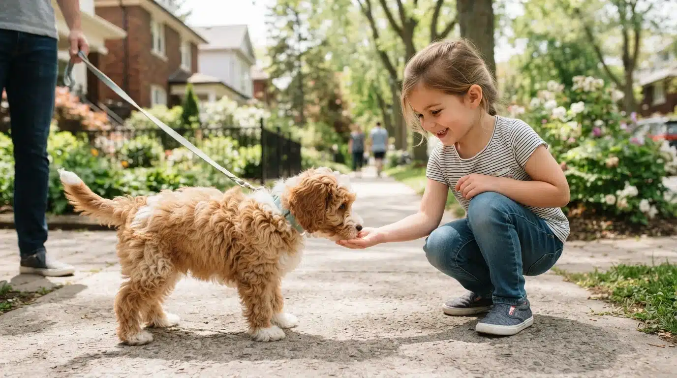 Havapoo puppy greeting child on sidewalk