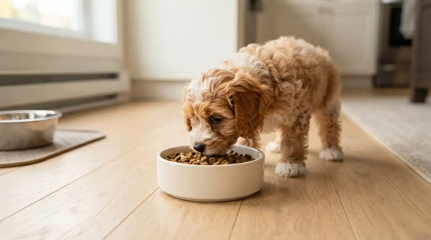 Cavapoo puppy eating kibble from a shallow bowl