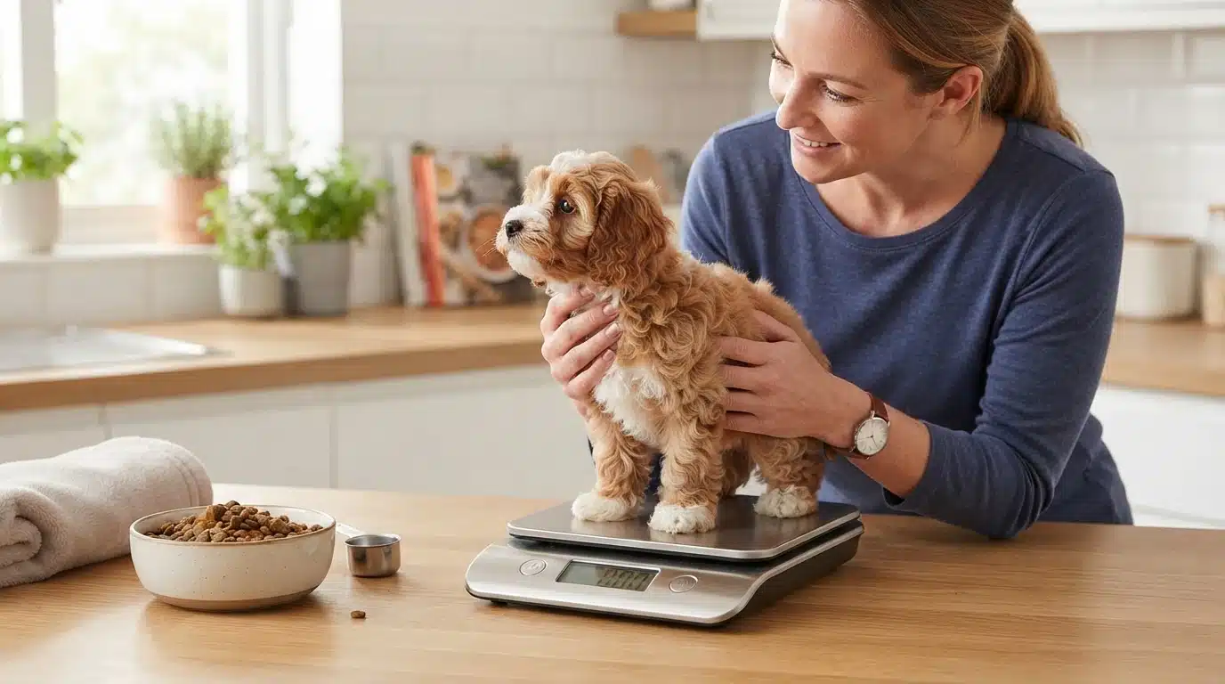 Weighing a fluffy Cavapoo puppy on a kitchen scale