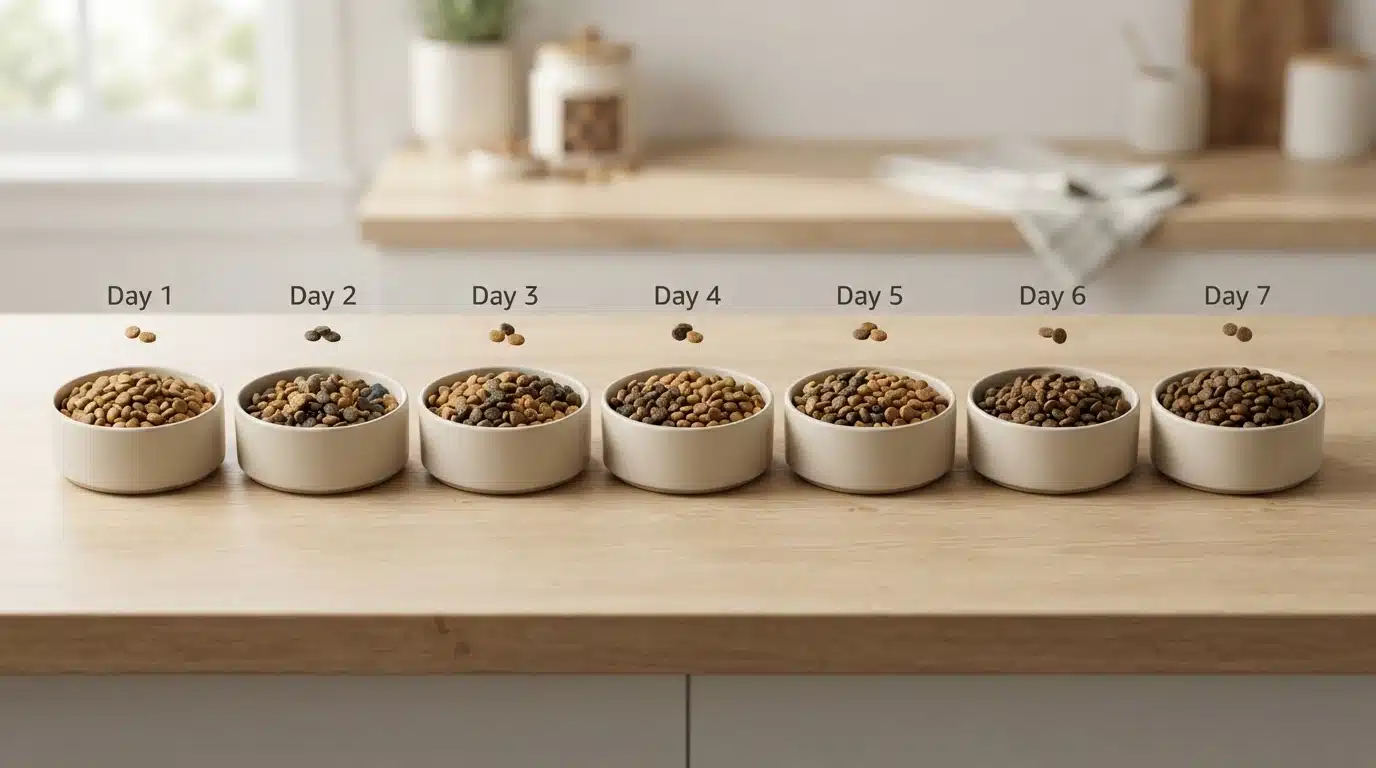 Seven small bowls of puppy food transitioning daily