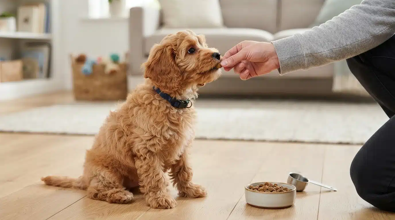 Cavapoo puppy receiving a kibble reward