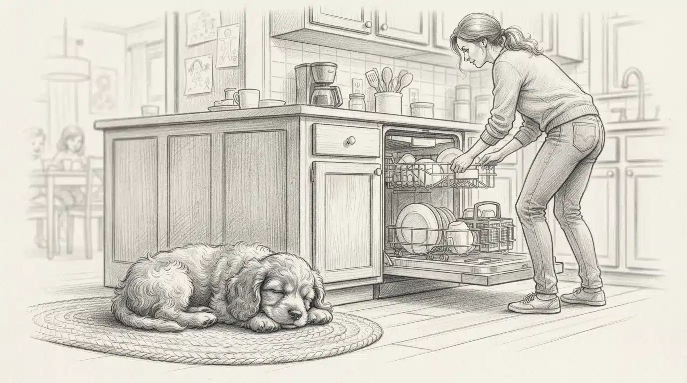 Fluffy puppy resting near dishwasher loading family