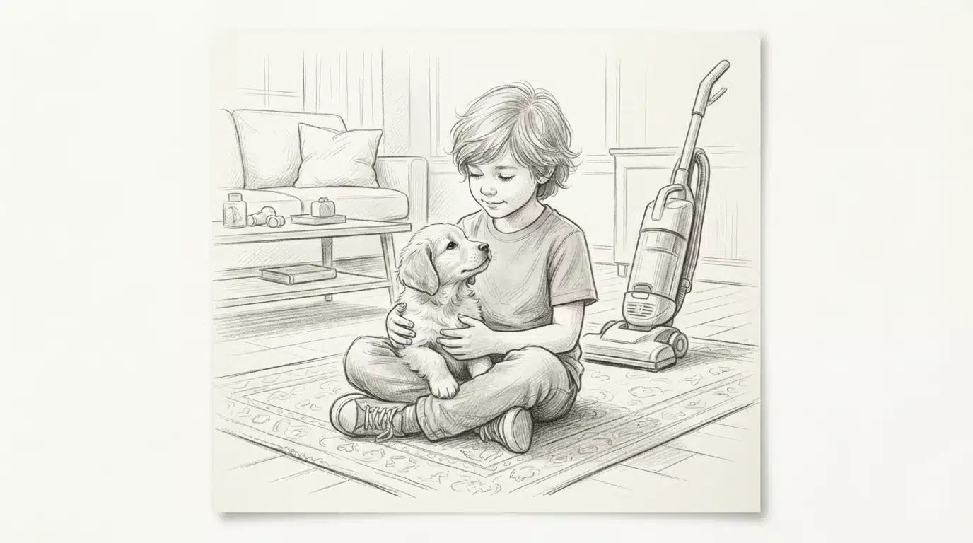 Child cuddling fluffy puppy on living room rug