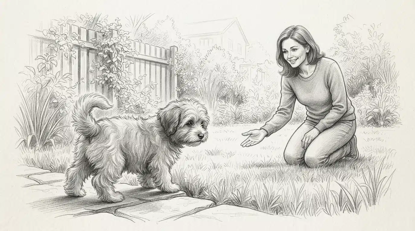 Hesitant puppy at the yard edge