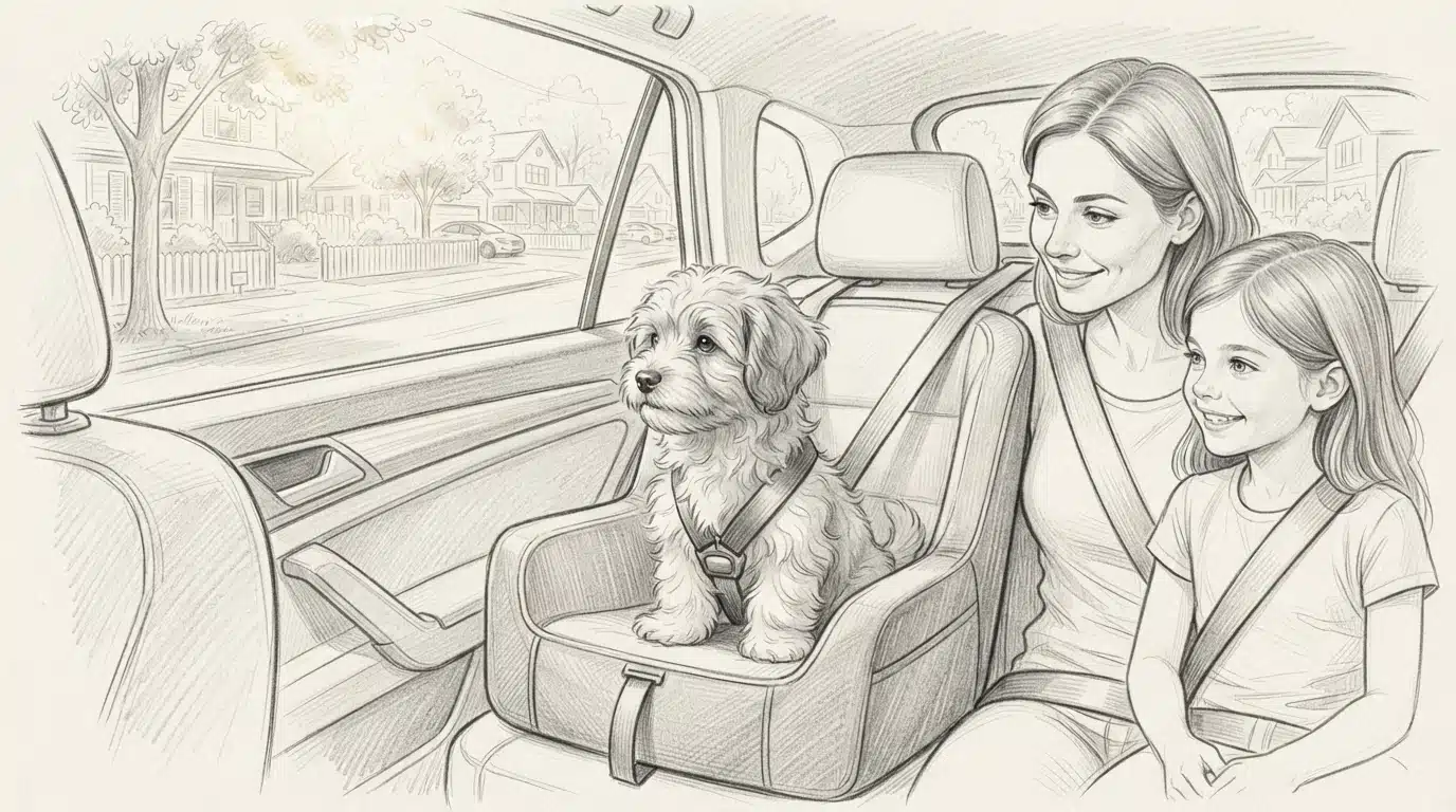 Puppy riding in car seat beside family