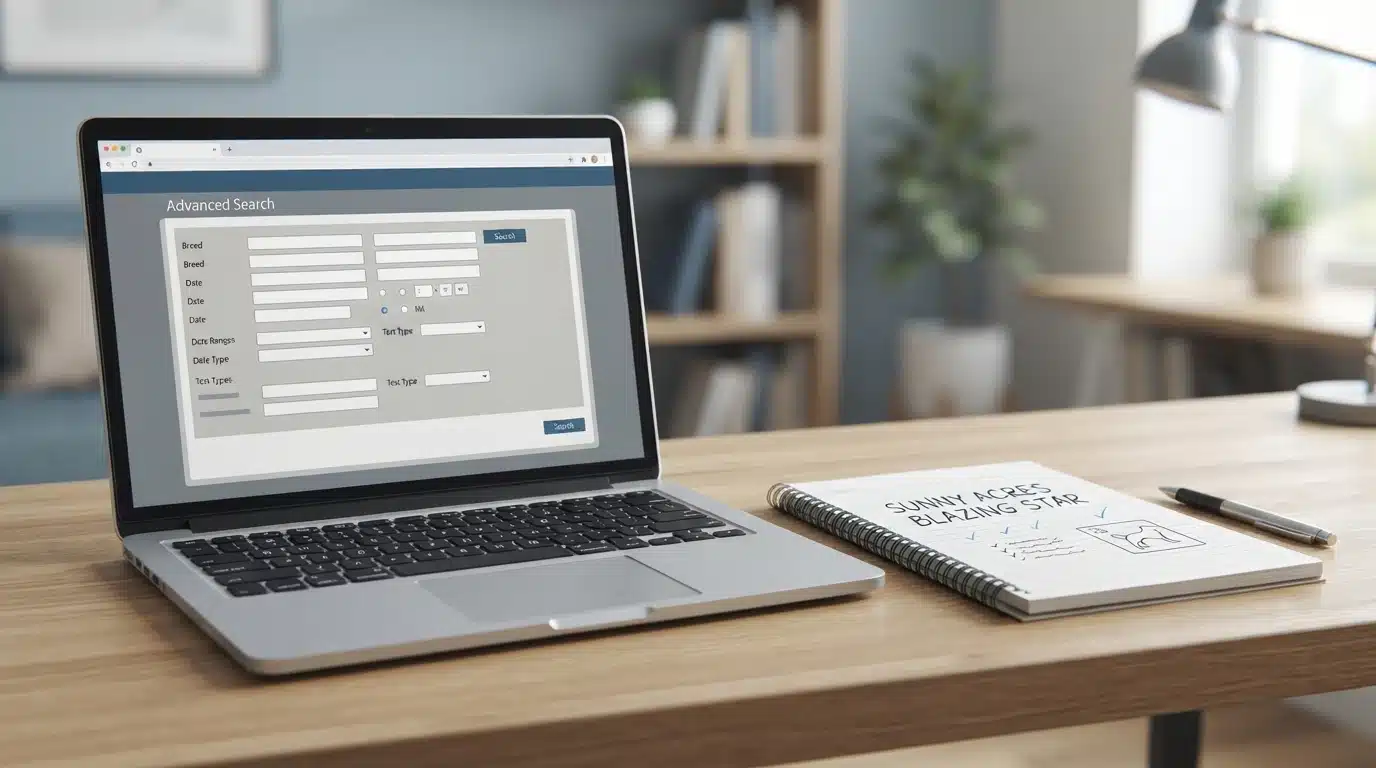 Laptop displaying search interface beside a notebook with handwritten entry