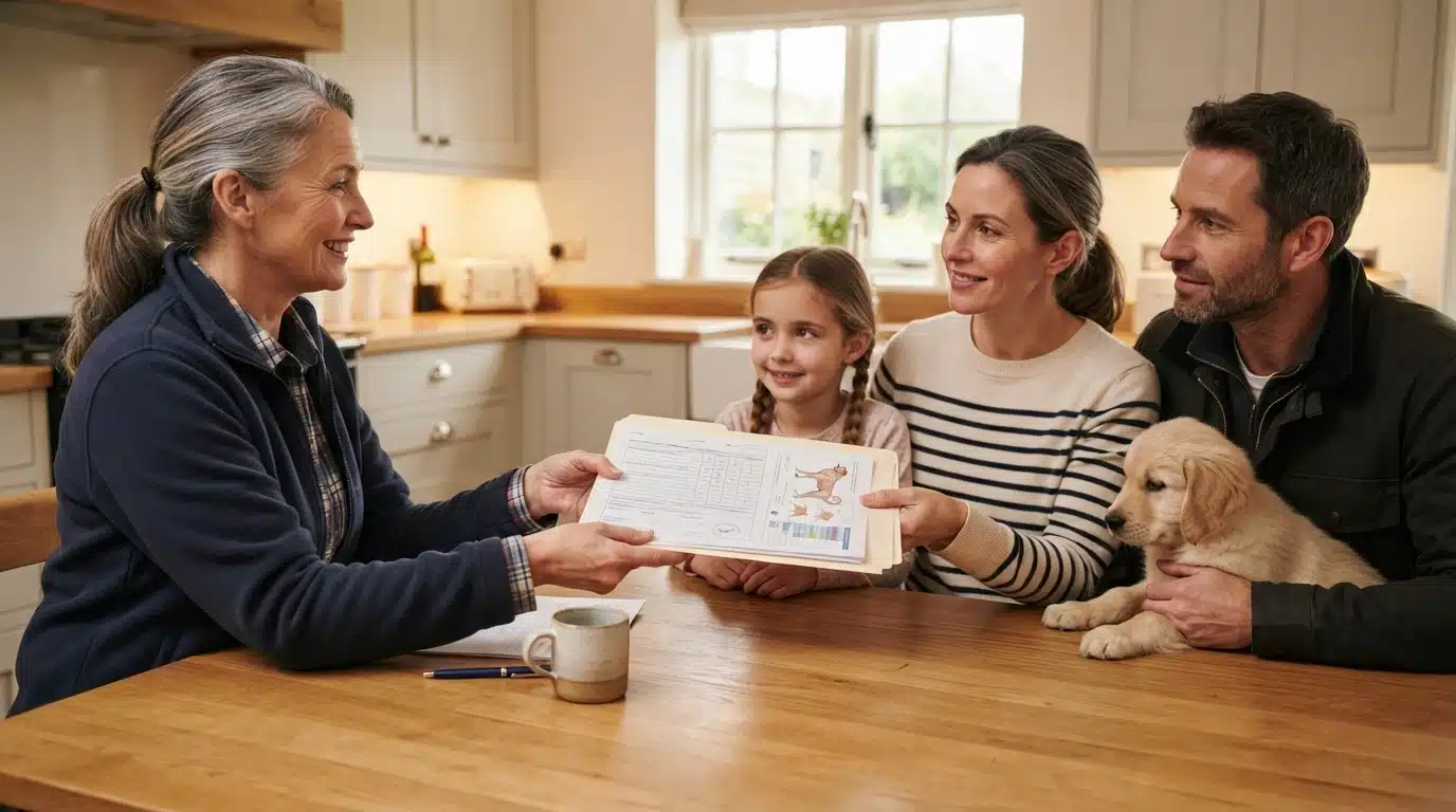 Breeder hands health folder to family at table