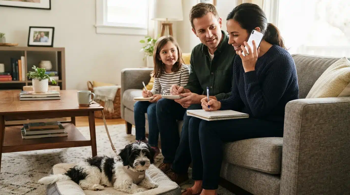 Family takes notes during puppy reference call