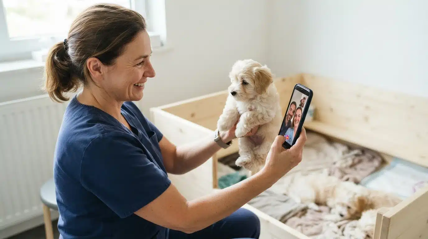 Breeder showing a fluffy puppy on a video call