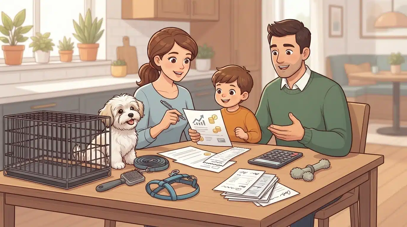 Family budgeting puppy supplies around a kitchen table