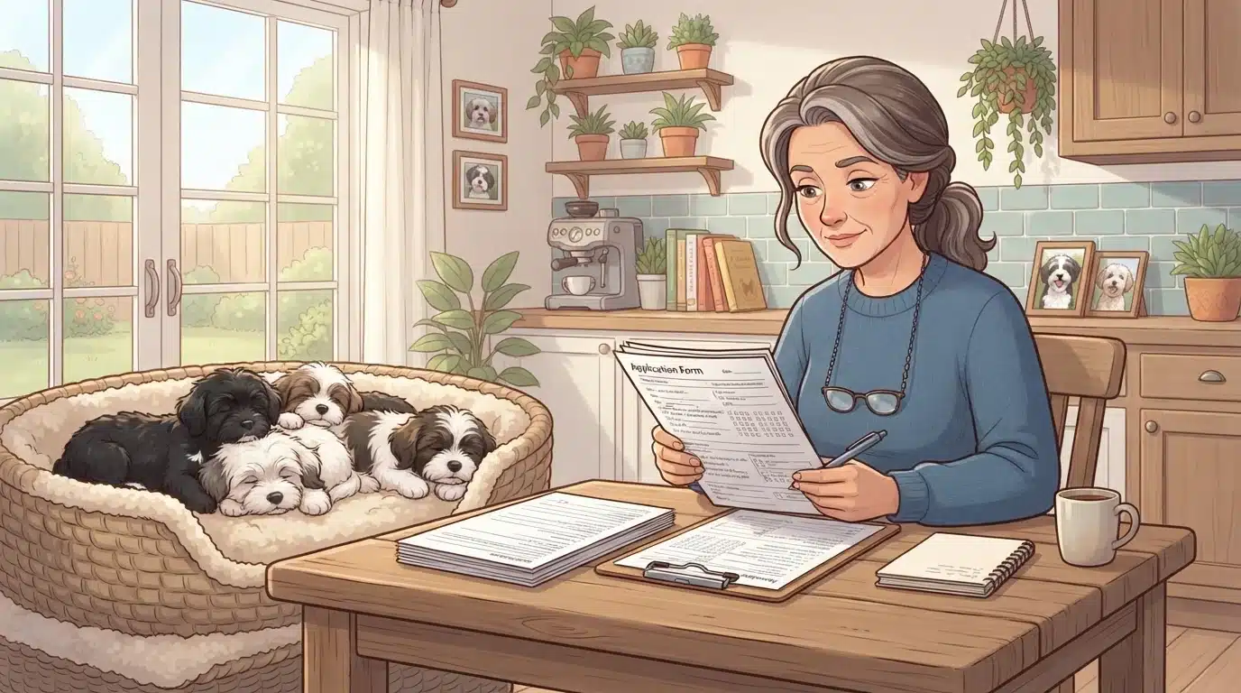 Breeder reviewing a puppy application at a kitchen table