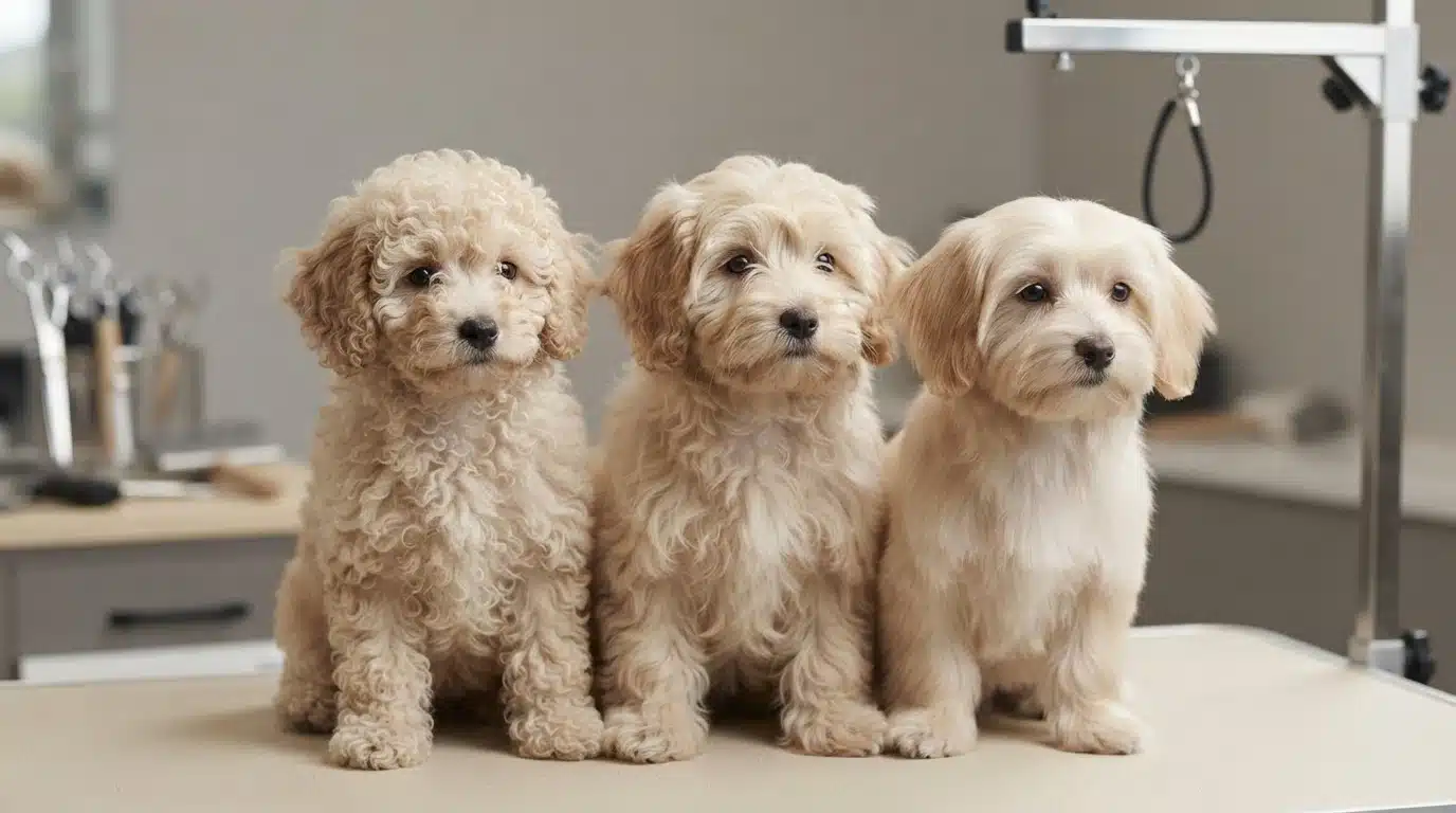 Three cream Havapoo puppies showing wavy, curly, and straight coats