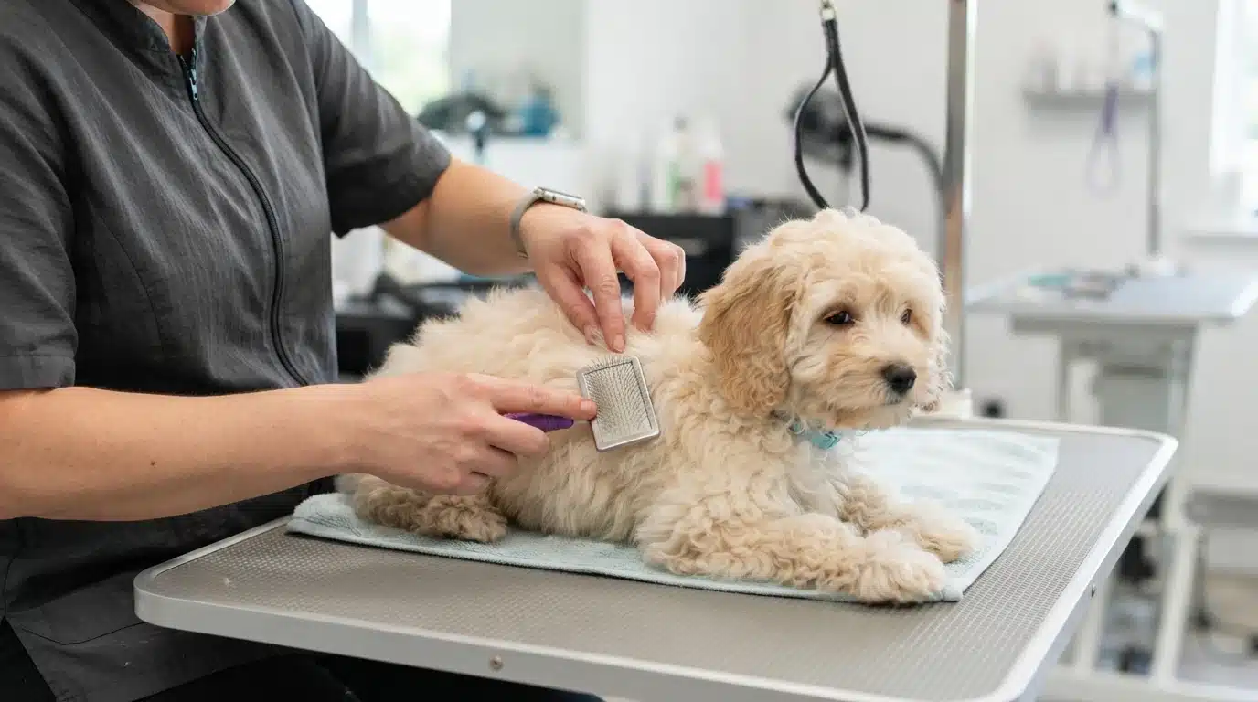 Groomer line brushing a fluffy cream puppy