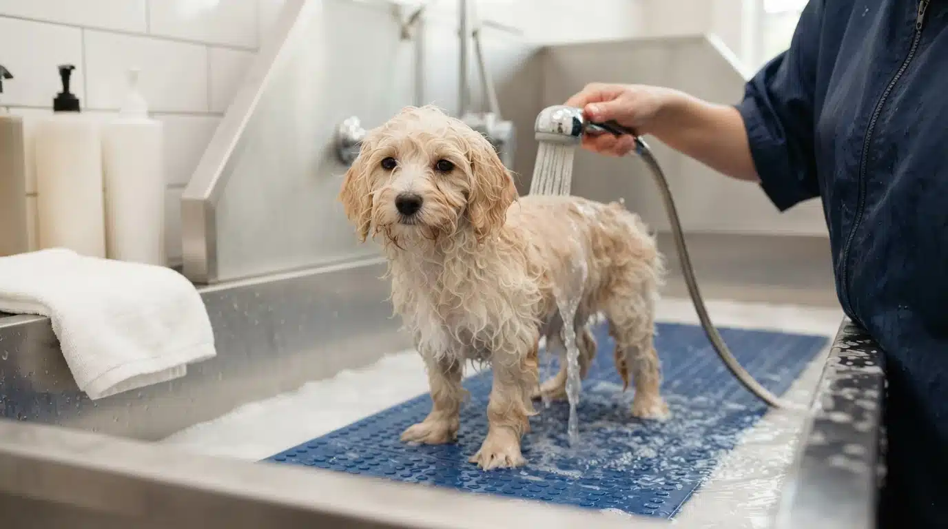 Cream Havapoo puppy in shallow tub during first bath